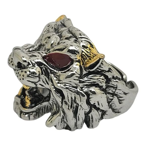 Antiqued Silvertone Red Enamel Gold Embellishments Beast Head Ring - Picture 3 of 6